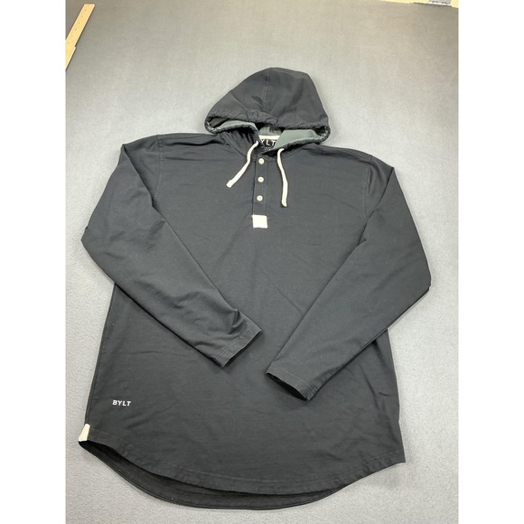 BYLT Basics Other - BYLT Hoodie Mens Large Black Drop-Cut Hooded Henley Lux Long Sleeve Jersey